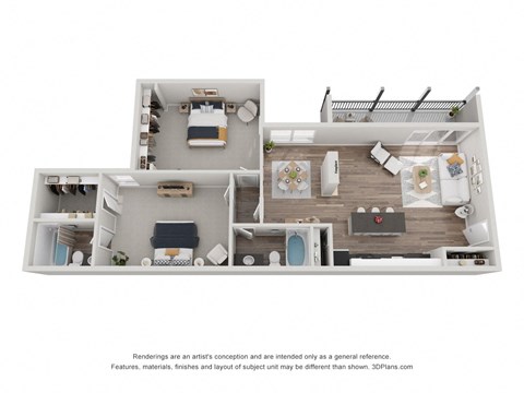 a stylized 3d floor plan of a house with a bedroom and living room